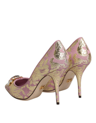 Dolce &amp; Gabbana Pink Gold Jacquard Crystal High Heels Pumps Shoes