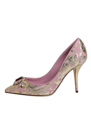 Dolce &amp; Gabbana Pink Gold Jacquard Crystal High Heels Pumps Shoes