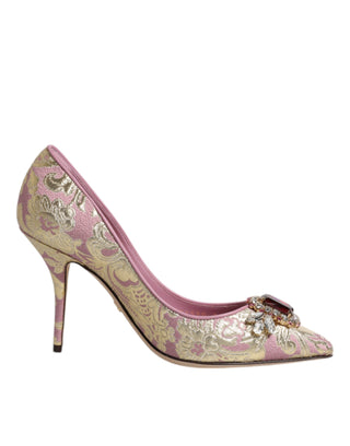 Dolce &amp; Gabbana Pink Gold Jacquard Crystal High Heels Pumps Shoes