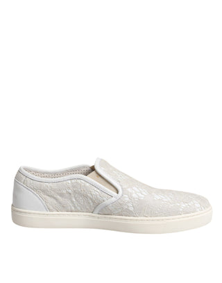 Dolce &amp; Gabbana White Floral Lace Slip On Loafers Shoes