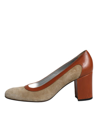 Dolce &amp; Gabbana Beige Brown Leather Block Heels Pumps Shoes