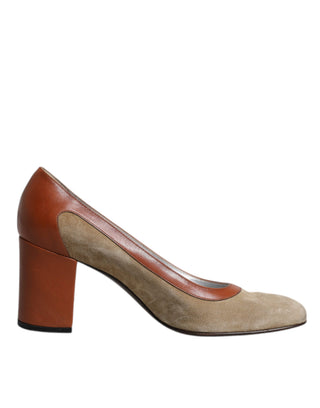 Dolce &amp; Gabbana Beige Brown Leather Block Heels Pumps Shoes