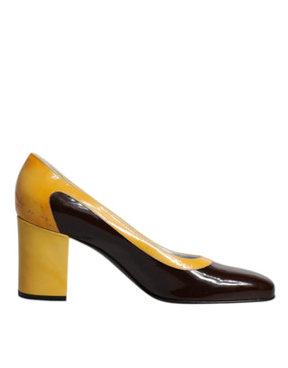 Dolce &amp; Gabbana Yellow Brown Leather Block Heel Pumps Shoes