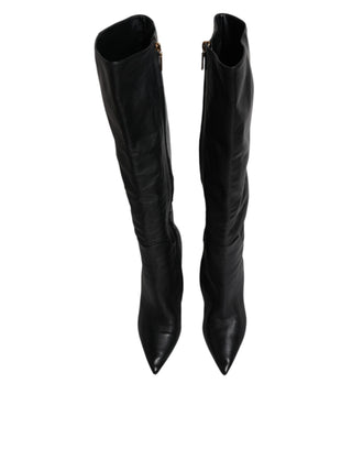 Dolce & Gabbana Black Leather Heels Knee High Boots Shoes