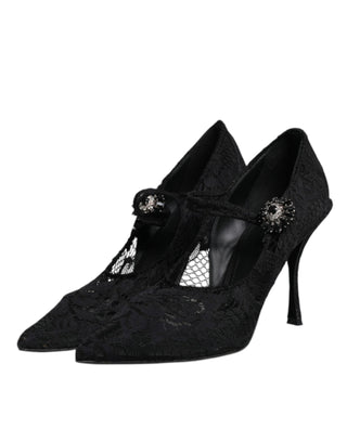 Dolce &amp; Gabbana Black Lace Crystals Mary Jane Pumps Shoes