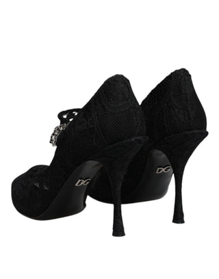 Dolce &amp; Gabbana Black Lace Crystals Mary Jane Pumps Shoes