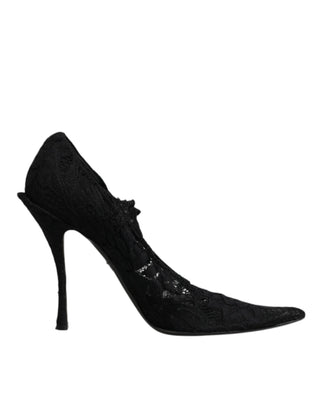 Dolce &amp; Gabbana Black Lace Crystals Mary Jane Pumps Shoes