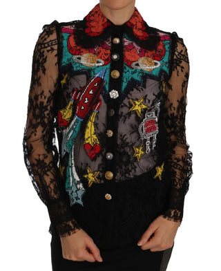 Dolce &amp; Gabbana Floral Lace Embroidered Blouse with Crystals