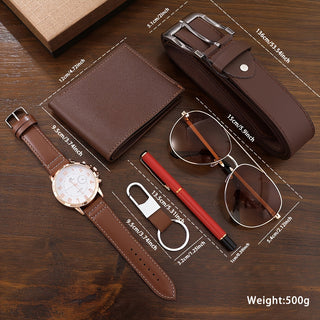 Stylish 6 Piece Gift Set Includes Fashion Brown Men's Watch with Luxury Case, Wallet, Belt, Keychain, Pen, and Glasses - Stylish Round Dial Quartz Watch, Year Calendar Function, Zinc Alloy Case, Faux Leather Strap, Non-Water Resistant, Pointer Display - . 