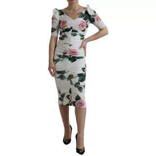 Dolce &amp; Gabbana White Roses Print Stretch Silk Pleated Dress