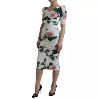 Dolce &amp; Gabbana White Roses Print Stretch Silk Pleated Dress