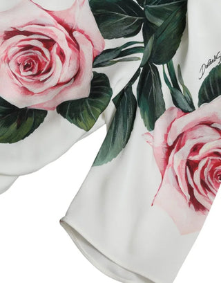 Dolce &amp; Gabbana White Roses Print Stretch Silk Pleated Dress