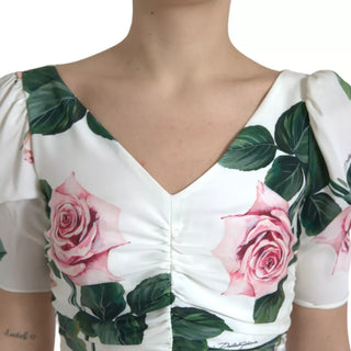 Dolce &amp; Gabbana White Roses Print Stretch Silk Pleated Dress