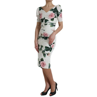 Dolce &amp; Gabbana White Roses Print Stretch Silk Pleated Dress