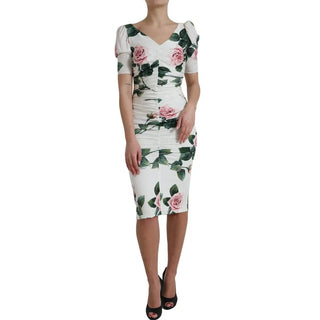 Dolce &amp; Gabbana White Roses Print Stretch Silk Pleated Dress