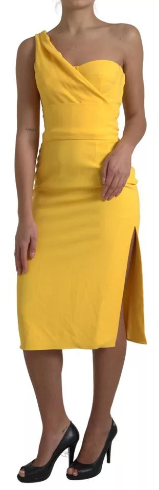 Dolce &amp; Gabbana Yellow One Shoulder Side Slit Midi Dress