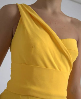 Dolce &amp; Gabbana Yellow One Shoulder Side Slit Midi Dress