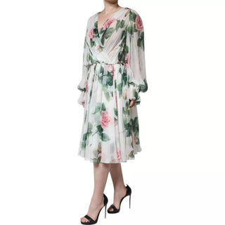 Dolce &amp; Gabbana White Silk Floral Print A-line Midi Dress