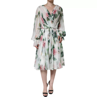 Dolce &amp; Gabbana White Silk Floral Print A-line Midi Dress