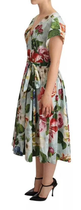 Dolce &amp; Gabbana Green Floral Short Sleeves V-neck Dress