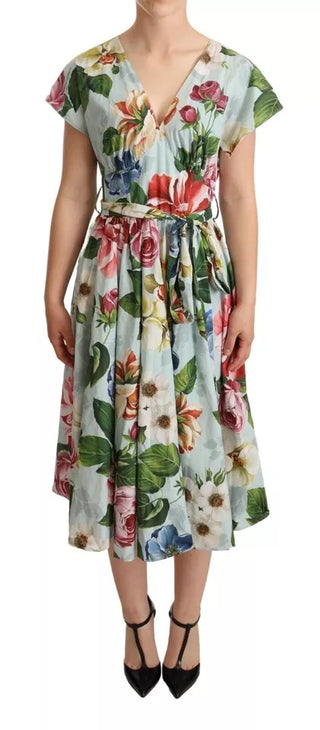 Dolce &amp; Gabbana Green Floral Short Sleeves V-neck Dress