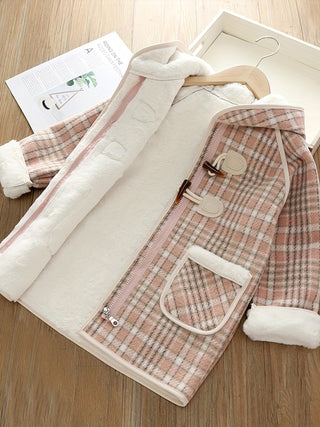 Kids Girls Winter Wool Long Sleeve Plaid Hooded Coat with Pockets Stylish Outerwear Style 