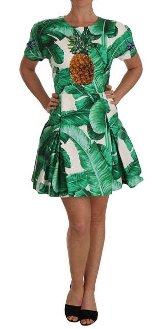 Dolce &amp; Gabbana Elegant Green Banana Leaf Print A-Line Dress