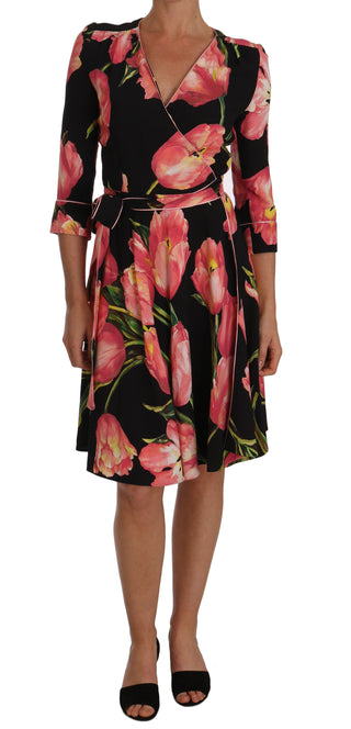 Dolce &amp; Gabbana Elegant Black Shift Dress with Pink Tulips Print