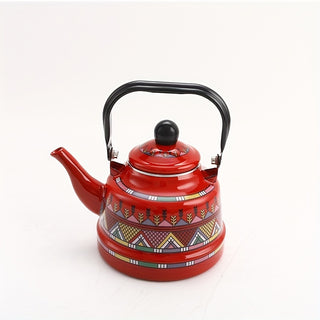 1pc 1.1L Enamel Tea Kettle Home Enamel Hot Water Kettle Geometric Printed Small World Variety Magic Cube Ancient Clock Kettle Kettle Restaurant Tea Kettle Coffee Kettle Middle East European Enamel Kettle Electromagnetic Stove Clear Fire Universal 