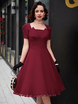 Classic A-line Dress, Square Sleeve Elegant Solid Color Cocktail Party Dress, Women's Clothing 