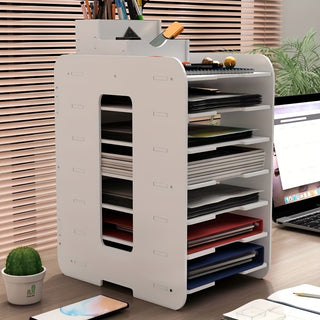 Multi-Tier Desktop Organizer with Pen Holder - PVC Office Storage Rack, A4 Document and Book Holder, Free Standing Design 