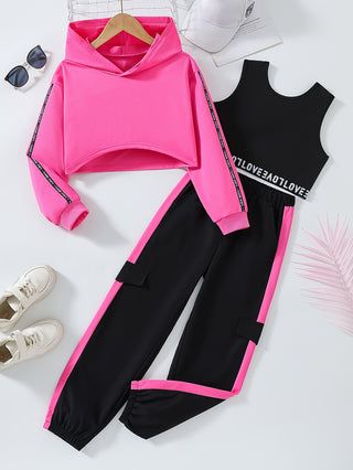 Girls 3 Pieces Tracksuit Set Crop Hoodie + Letter Stripe Top + Jogger Pants Casual Outerwear Gift 