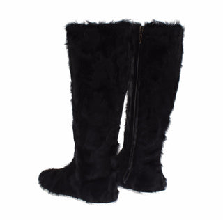 Dolce &amp; Gabbana Elegant Black Fur Leather Flat Sneaker Boots