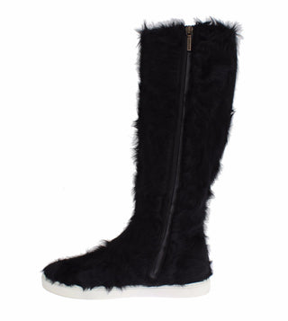 Dolce &amp; Gabbana Elegant Black Fur Leather Flat Sneaker Boots