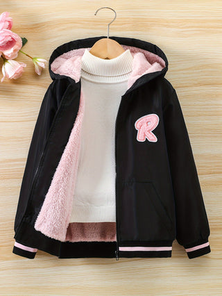 Kids Girls Parka Jacket, Contrast Fleece Teddy Coat Motorcycle Design with Hood 