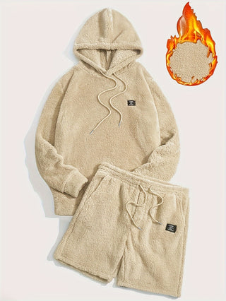 Men's Casual 2 Piece Set Polar Fleece Hooded Sweatshirt and Drawstring Shorts Fashion Comfortable Outfit 