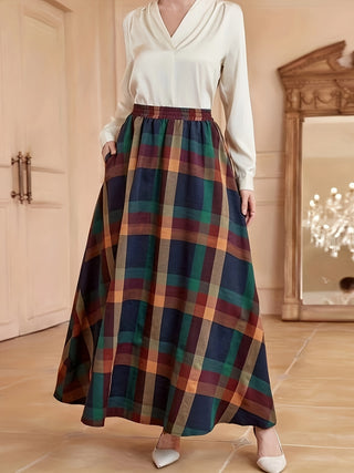 High Waist Plaid Print Skirt, Casual Ruffle Hem Loose Long Skirt, Women's Clothing 