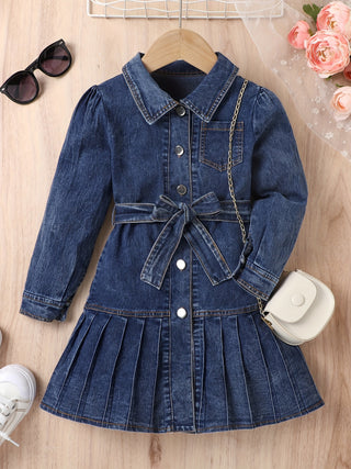 Fashion Girls Pleated Denim Dress with Bow Belt Long Sleeve Autumn Party Kids Clothes 