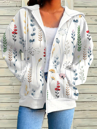 Oversized Plant Print Hooded Coat with Pocket Casual Long Sleeve Adjustable Drawstring Jacket for Autumn Winter Plus Size Women Clothing 