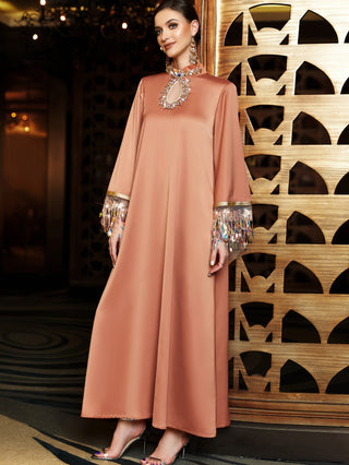 Modest dress with rhinestone detail, elegant design with long sleeves and a turn-down collar, women's clothing 