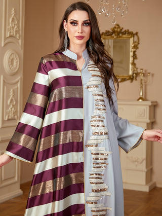 Elegant Women's Striped Embroidered Glitter Abaya - Long Sleeve Polyester Middle Eastern Style Non-Stretch Fabric Long Plain Design A-Line Knitted All Seasons 