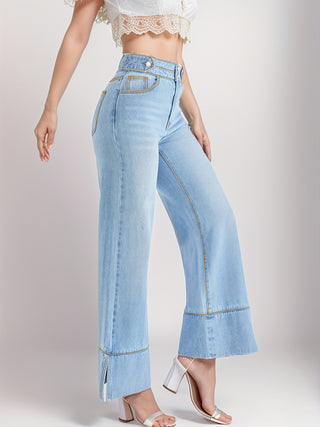 Casual High Waist Loose Jeans, High Stretch Double Button Wide Leg Jeans, Women's Denim Jeans &amp; Clothing 