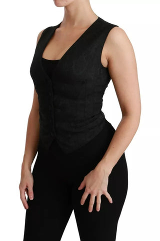 Dolce & Gabbana Black Lace Waistcoat Slim Vest Silk Top