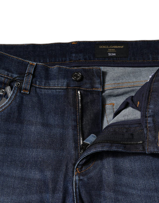 Dolce & Gabbana Blue Cotton Logo Print Slim Fit Denim Jeans