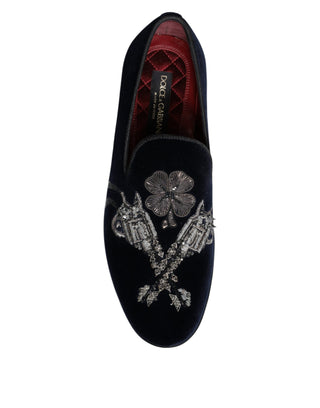 Dolce & Gabbana Black Velvet Floral Gun Loafers Dress Shoes