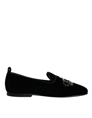 Dolce & Gabbana Black Velvet Crystal Crown Loafers Formal Dress Shoes