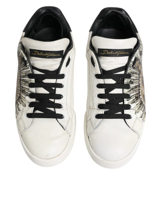 Dolce & Gabbana White Black Leather Crown Sneakers Shoes