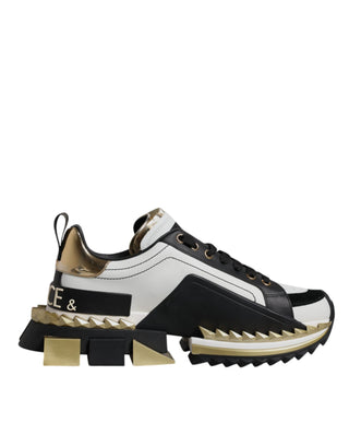 Dolce & Gabbana White Gold Black Leather SUPER KING Sneakers Shoes