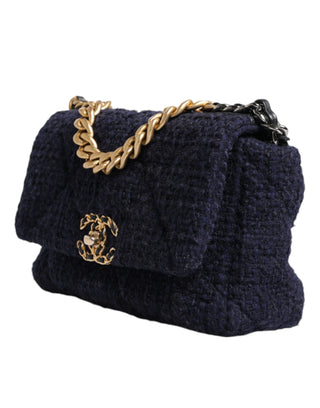 Chanel Dark Blue Medium Flap Tweed CC Gold Gray Chain Shoulder Bag