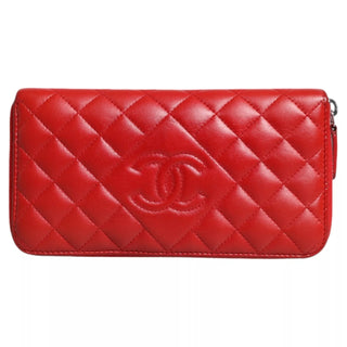 Chanel Red Quilted Leather Logo Continental Zip Box